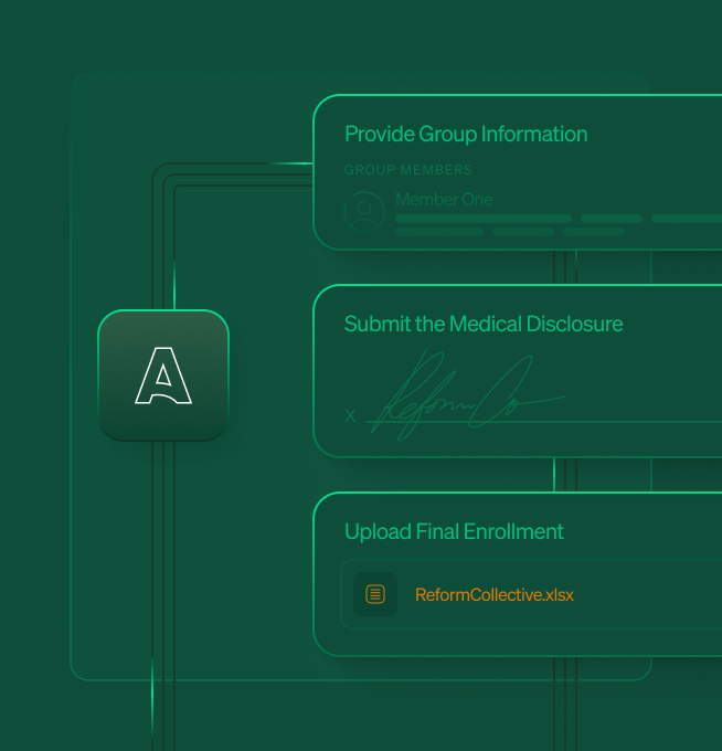 A vertical workflow showing three green panels connected by lines: "Provide Group Information" with a submitted status, "Submit the Medical Disclosure" with a signature, and "Upload Final Enrollment" with a document reference.